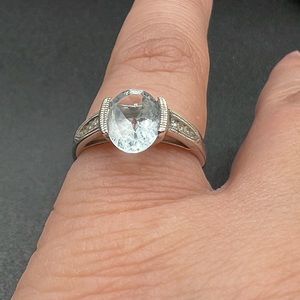 Vintage 14k White Gold With Aquamarine Center Stone & Diamonds - Size 7 - 2.93g